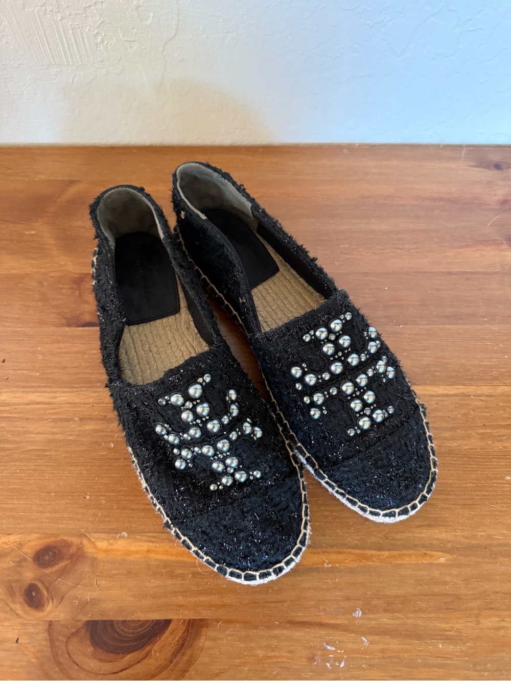 Tory Burch Black Tweed Espadrilles with Beaded Logo